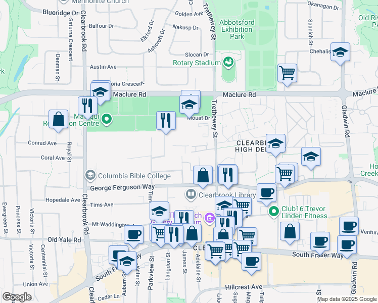 map of restaurants, bars, coffee shops, grocery stores, and more near 2998 Mouat Drive in Abbotsford