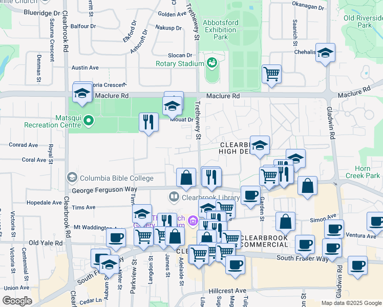 map of restaurants, bars, coffee shops, grocery stores, and more near 3015 Trethewey Street in Abbotsford