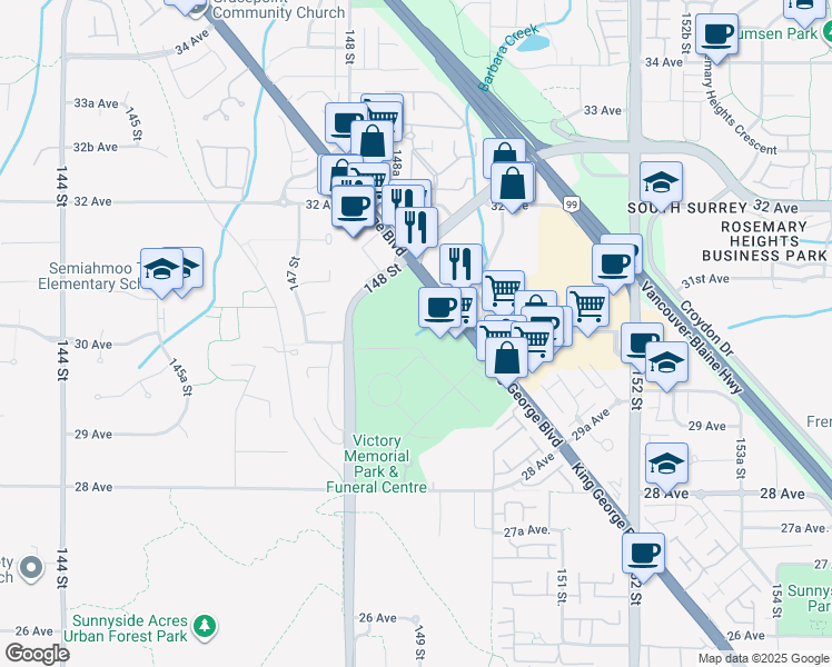 map of restaurants, bars, coffee shops, grocery stores, and more near 3033 King George Boulevard in Surrey