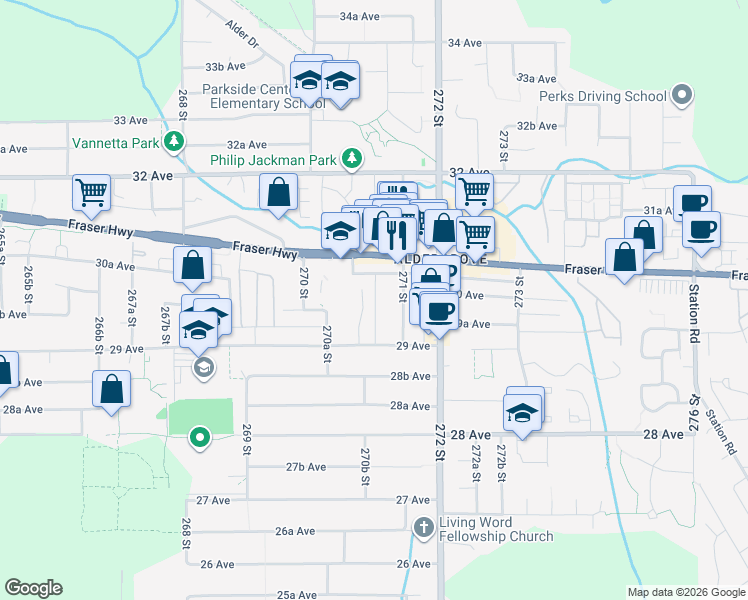 map of restaurants, bars, coffee shops, grocery stores, and more near 2994 270B Street in Langley Township