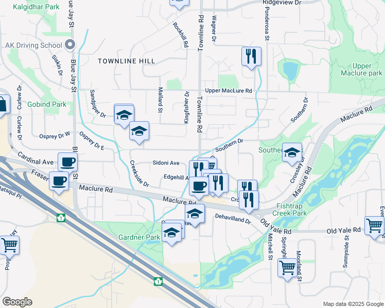 map of restaurants, bars, coffee shops, grocery stores, and more near 31176 Southern Drive in Abbotsford