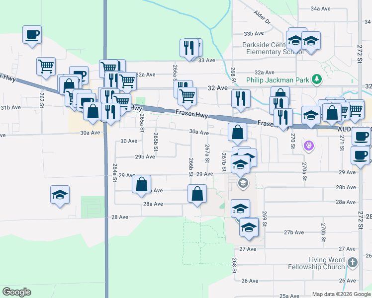 map of restaurants, bars, coffee shops, grocery stores, and more near 3001 266B Street in Langley Township