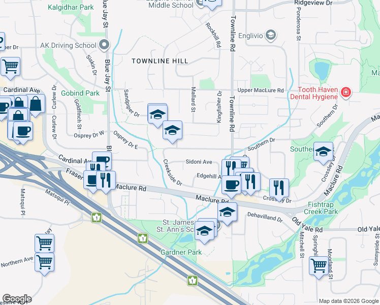 map of restaurants, bars, coffee shops, grocery stores, and more near 31064 Southern Drive in Abbotsford