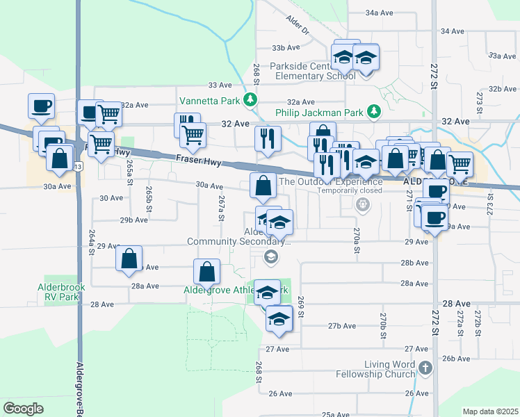 map of restaurants, bars, coffee shops, grocery stores, and more near 26803 30 Avenue in Langley Township