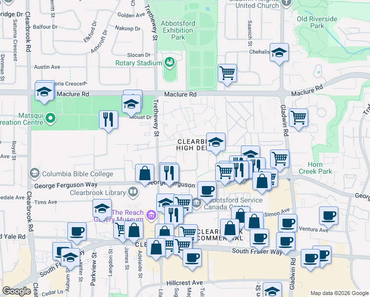map of restaurants, bars, coffee shops, grocery stores, and more near 2962 Trethewey Street in Abbotsford