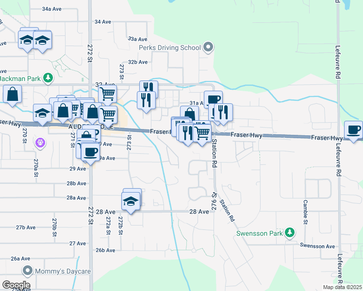 map of restaurants, bars, coffee shops, grocery stores, and more near in Langley Township