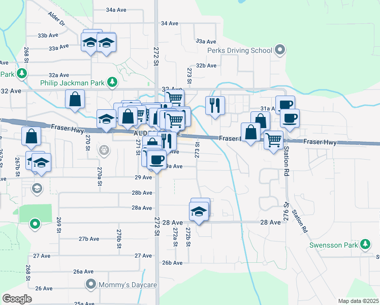 map of restaurants, bars, coffee shops, grocery stores, and more near 27284 30 Ave in Langley