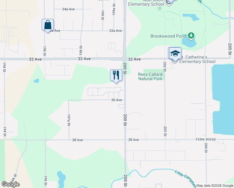 map of restaurants, bars, coffee shops, grocery stores, and more near 3031 200 Street in Langley Township