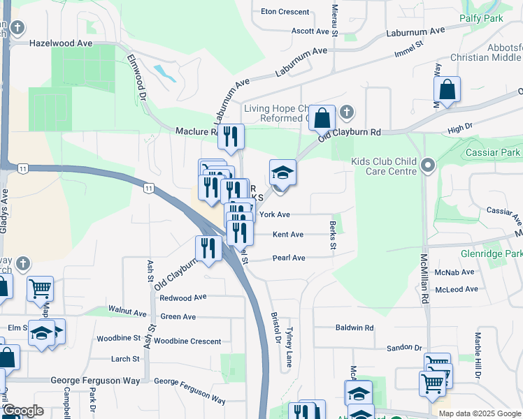 map of restaurants, bars, coffee shops, grocery stores, and more near 34443 York Avenue in Abbotsford
