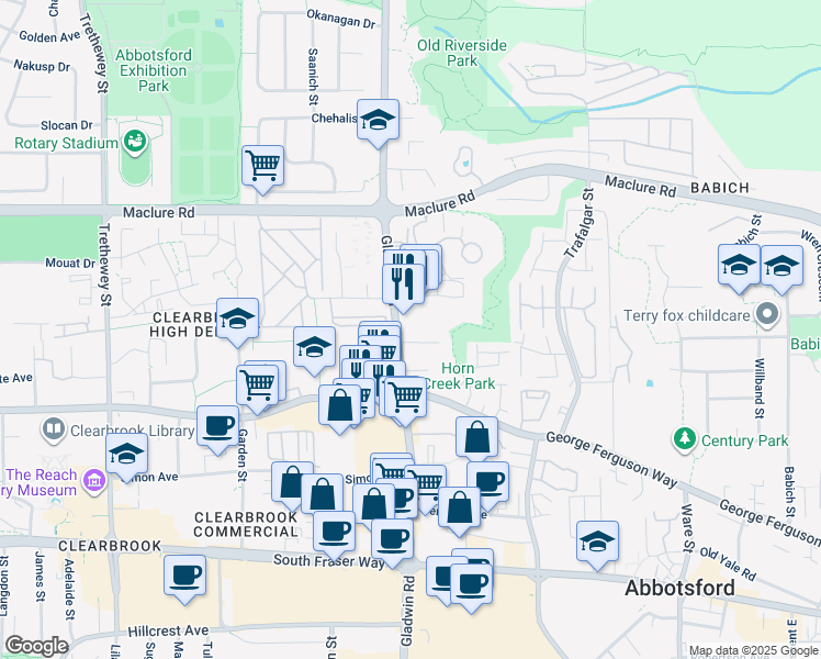 map of restaurants, bars, coffee shops, grocery stores, and more near 3020 Gladwin Road in Abbotsford