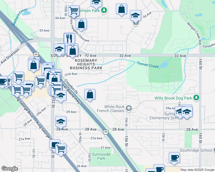 map of restaurants, bars, coffee shops, grocery stores, and more near 3039 156 Street in Surrey