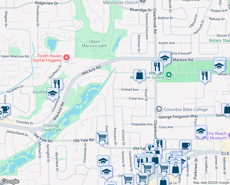 map of restaurants, bars, coffee shops, grocery stores, and more near 3022 Princess Street in Abbotsford