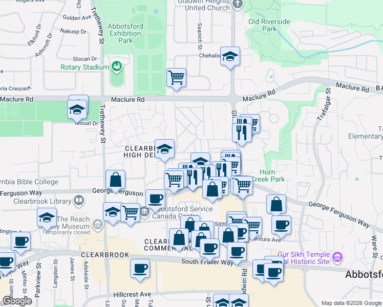 map of restaurants, bars, coffee shops, grocery stores, and more near 32691 Garibaldi Drive in Abbotsford