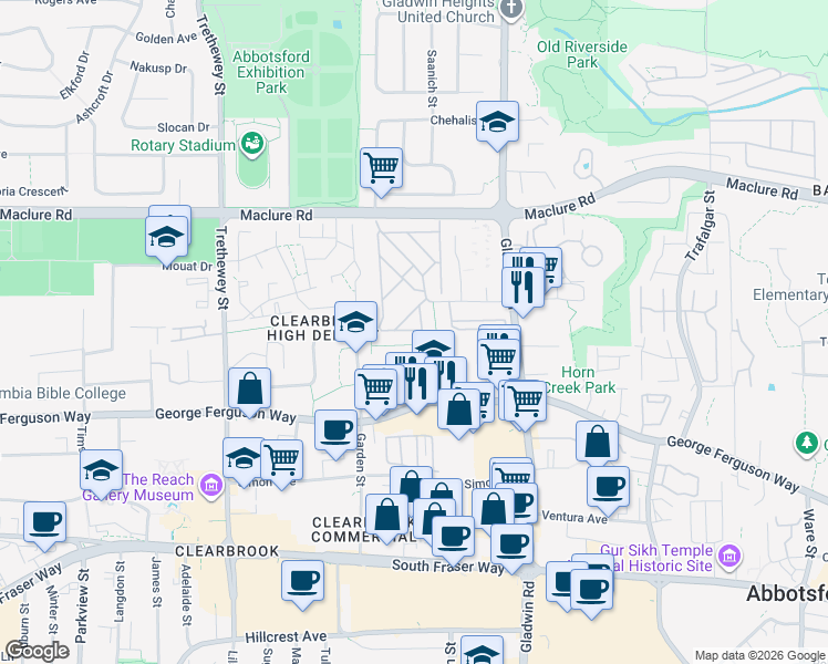 map of restaurants, bars, coffee shops, grocery stores, and more near 32691 Garibaldi Drive in Abbotsford