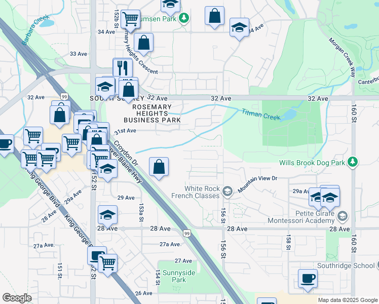map of restaurants, bars, coffee shops, grocery stores, and more near 3039 156 Street in Surrey