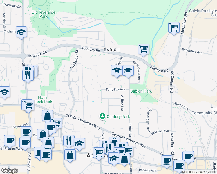 map of restaurants, bars, coffee shops, grocery stores, and more near 33251 Terry Fox Avenue in Abbotsford