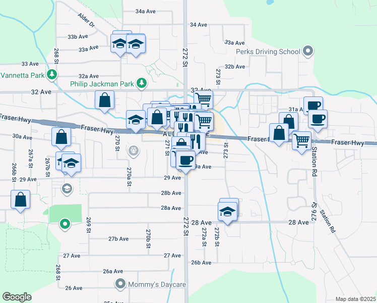map of restaurants, bars, coffee shops, grocery stores, and more near 27234 30 Avenue in Langley