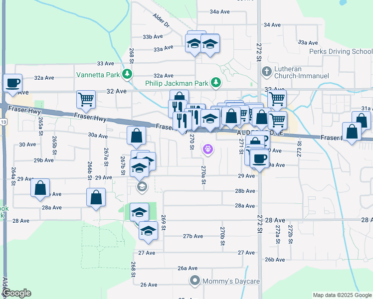 map of restaurants, bars, coffee shops, grocery stores, and more near in Langley Township