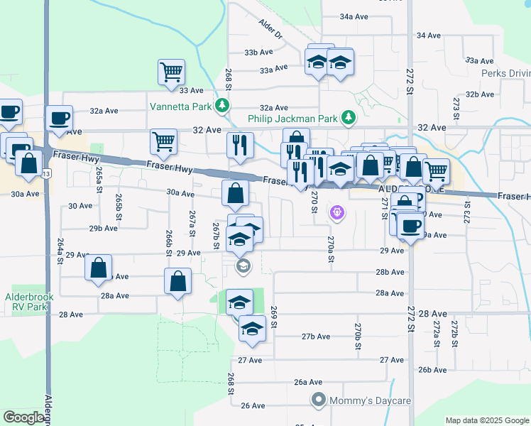 map of restaurants, bars, coffee shops, grocery stores, and more near 26892 Fraser Highway in Langley Township
