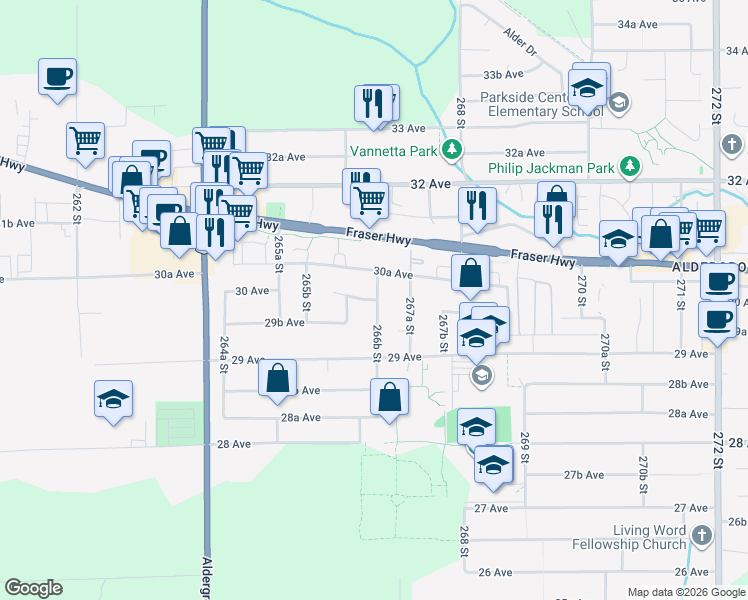 map of restaurants, bars, coffee shops, grocery stores, and more near 3001 266B Street in Langley