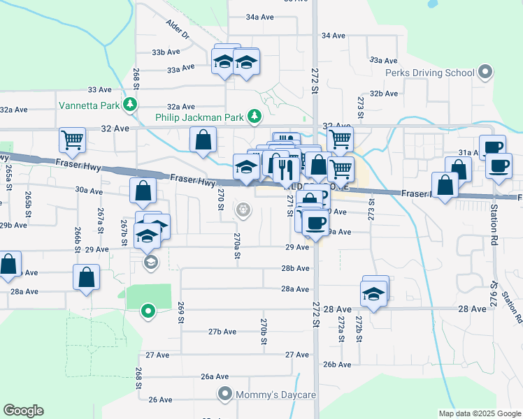 map of restaurants, bars, coffee shops, grocery stores, and more near 3329 270B Street in Langley