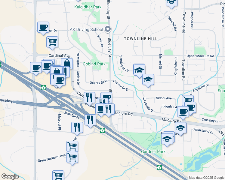 map of restaurants, bars, coffee shops, grocery stores, and more near 3026 Blue Jay Street in Abbotsford