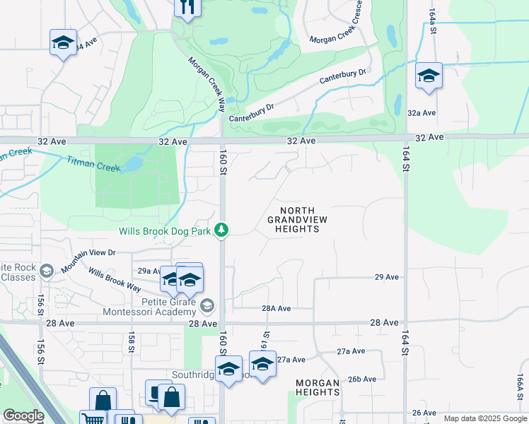 map of restaurants, bars, coffee shops, grocery stores, and more near 44 161 Street in Surrey