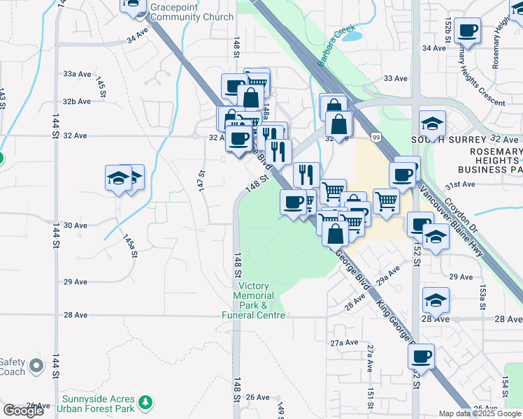map of restaurants, bars, coffee shops, grocery stores, and more near 3033 King George Boulevard in Surrey