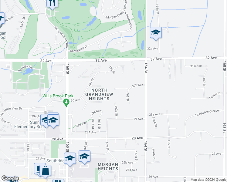 map of restaurants, bars, coffee shops, grocery stores, and more near 16226 30B Avenue in Surrey