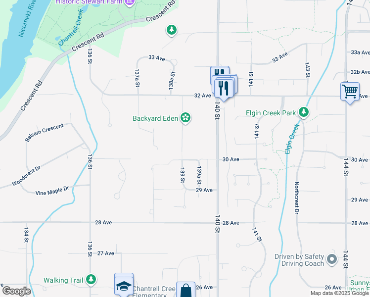 map of restaurants, bars, coffee shops, grocery stores, and more near 3036 139 Street in Surrey