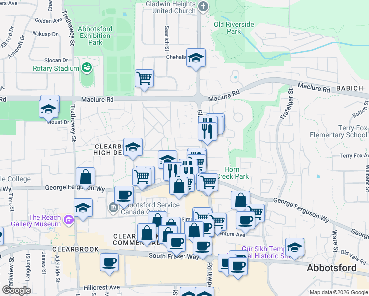 map of restaurants, bars, coffee shops, grocery stores, and more near in Abbotsford