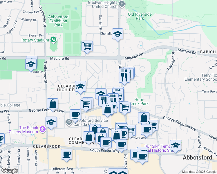 map of restaurants, bars, coffee shops, grocery stores, and more near in Abbotsford