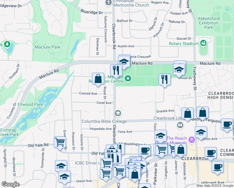 map of restaurants, bars, coffee shops, grocery stores, and more near 3044 Clearbrook Road in Abbotsford