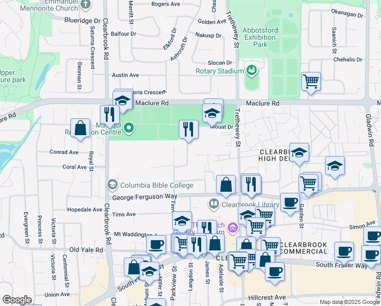 map of restaurants, bars, coffee shops, grocery stores, and more near 3036 Mouat Drive in Abbotsford