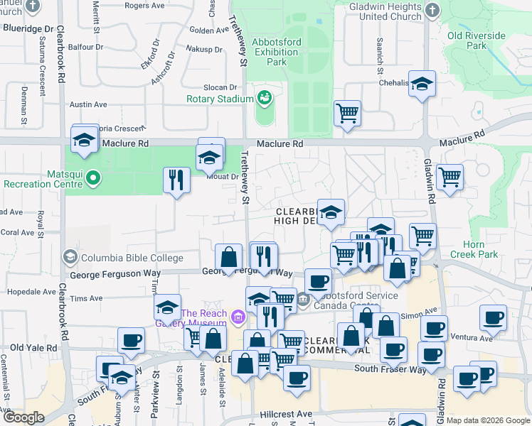 map of restaurants, bars, coffee shops, grocery stores, and more near 3030 Trethewey Street in Abbotsford