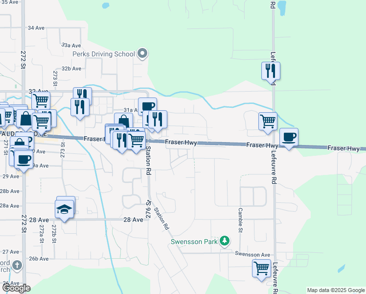 map of restaurants, bars, coffee shops, grocery stores, and more near 27735 Roundhouse Drive in Abbotsford