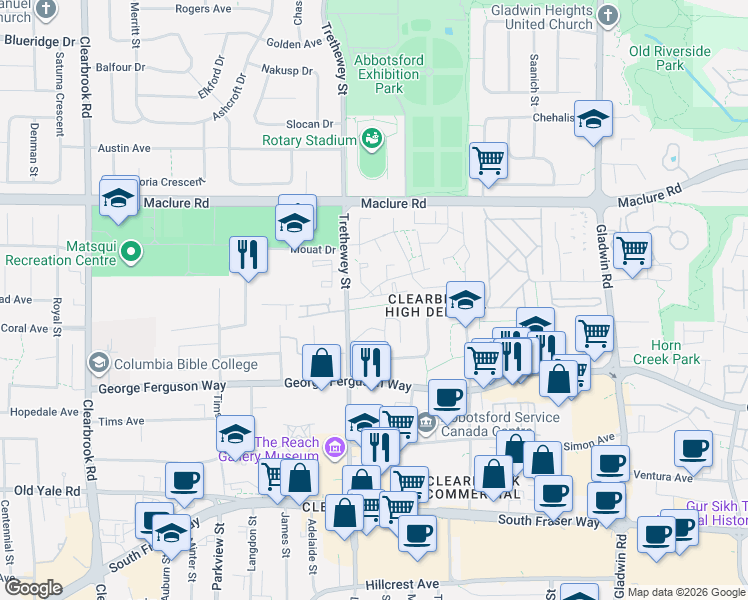 map of restaurants, bars, coffee shops, grocery stores, and more near 3030 Trethewey Street in Abbotsford