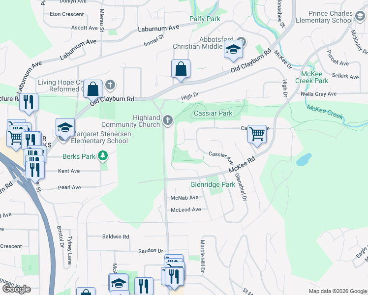 map of restaurants, bars, coffee shops, grocery stores, and more near 34820 Cassiar Court in Abbotsford