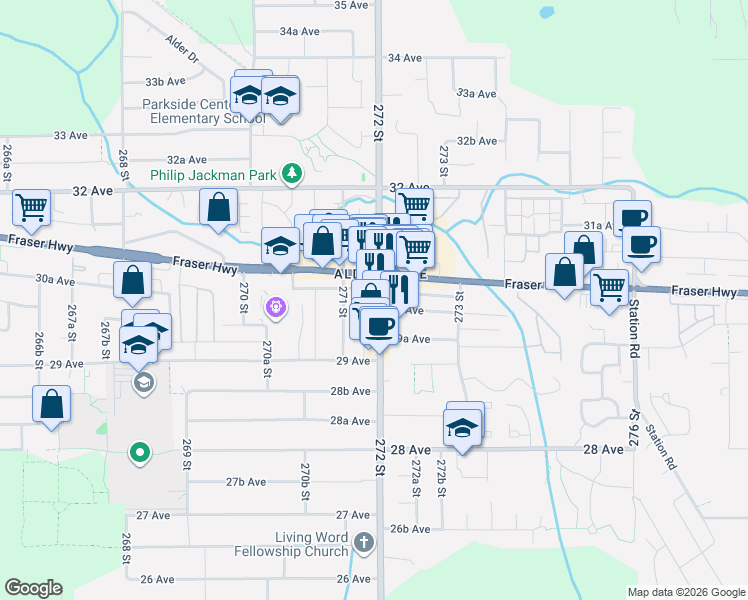 map of restaurants, bars, coffee shops, grocery stores, and more near 2985 272 Street in Langley Township