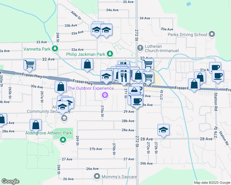 map of restaurants, bars, coffee shops, grocery stores, and more near 3012 270B Street in Langley Township