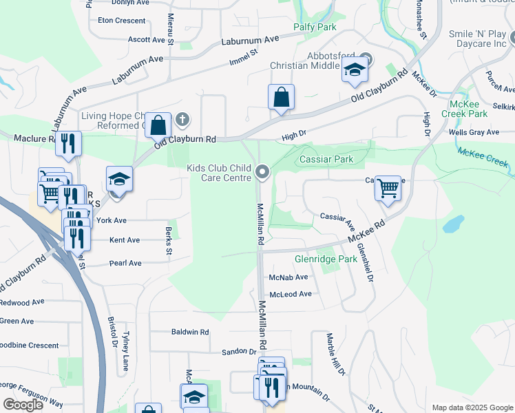 map of restaurants, bars, coffee shops, grocery stores, and more near 3025 McMillan Road in Abbotsford
