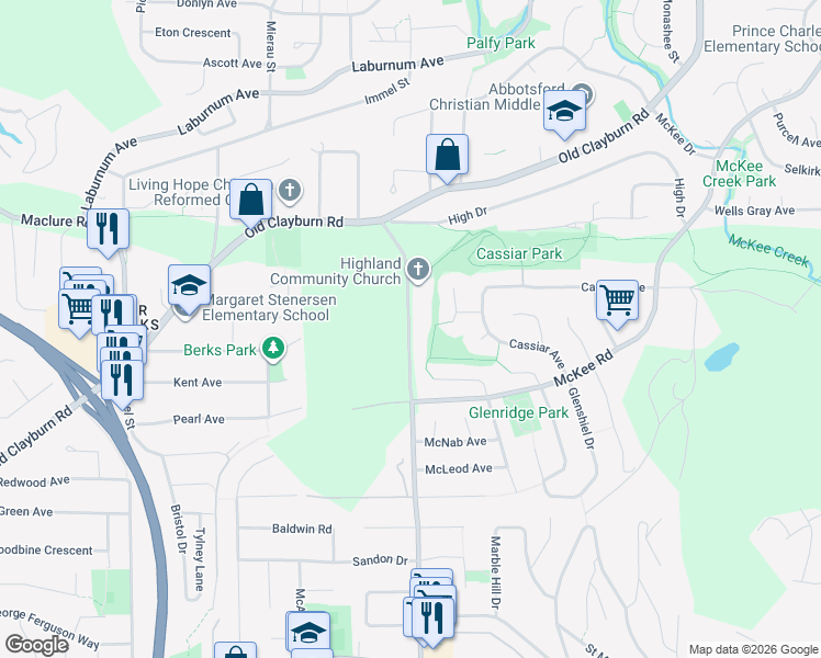 map of restaurants, bars, coffee shops, grocery stores, and more near 3025 McMillan Road in Abbotsford
