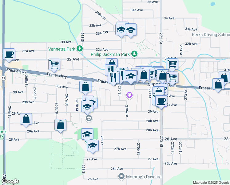 map of restaurants, bars, coffee shops, grocery stores, and more near 3043 270 Street in Langley Township