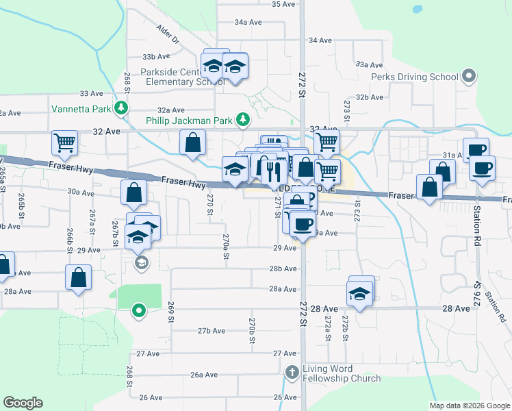 map of restaurants, bars, coffee shops, grocery stores, and more near 3012 270B Street in Langley