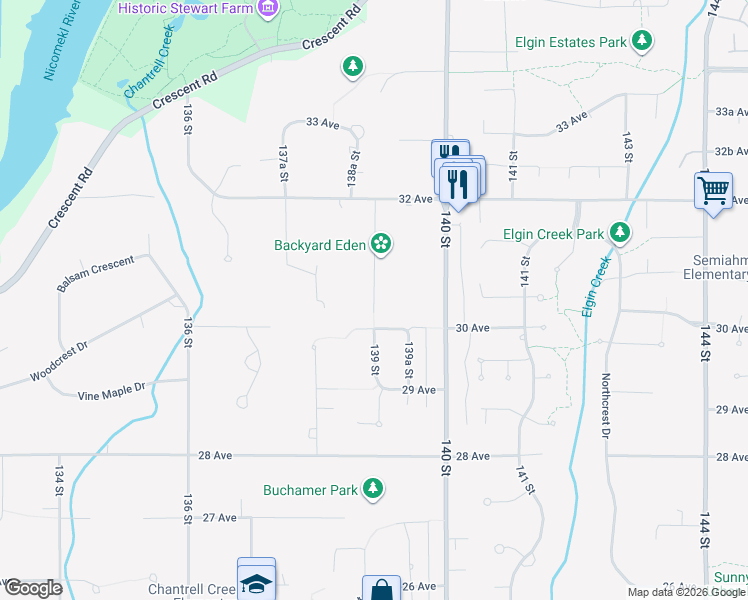 map of restaurants, bars, coffee shops, grocery stores, and more near 3147 139 Street in Surrey
