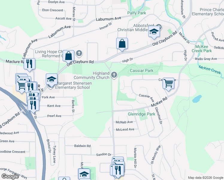 map of restaurants, bars, coffee shops, grocery stores, and more near 3066 McMillan Road in Abbotsford