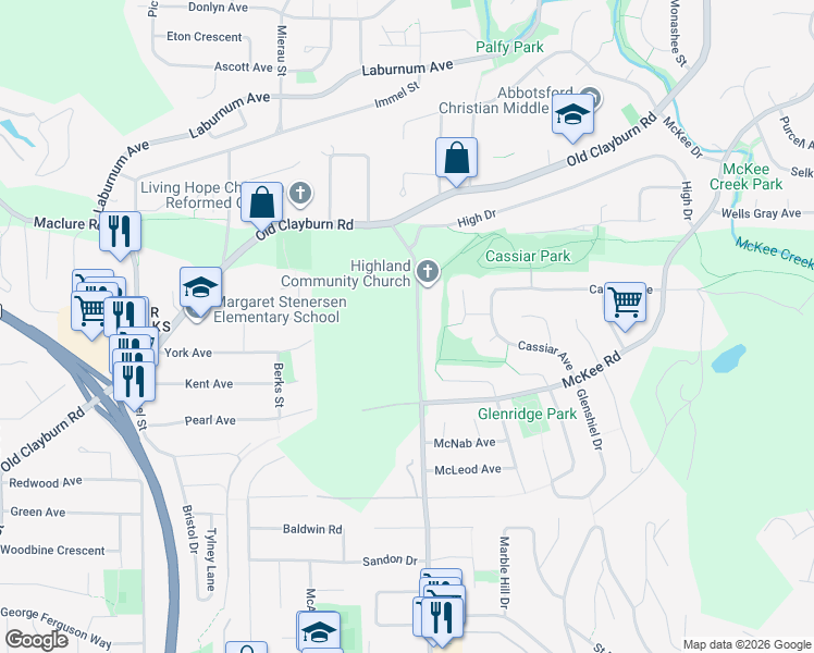 map of restaurants, bars, coffee shops, grocery stores, and more near 3066 McMillan Road in Abbotsford