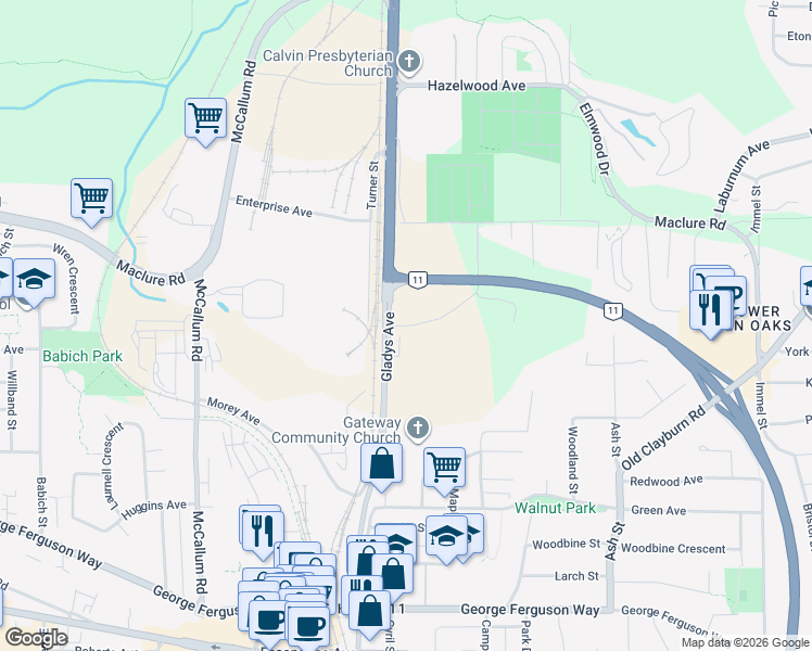 map of restaurants, bars, coffee shops, grocery stores, and more near 2814 Pratt Street in Abbotsford