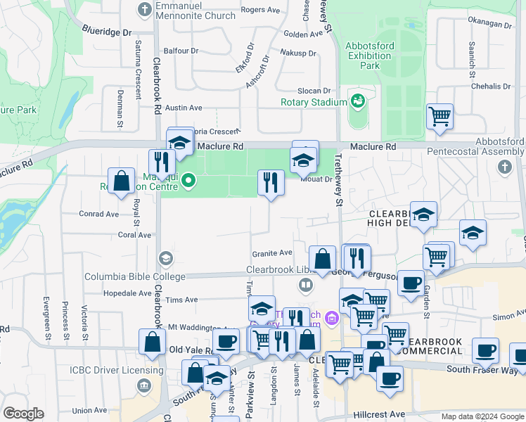 map of restaurants, bars, coffee shops, grocery stores, and more near 3045 Mouat Drive in Abbotsford