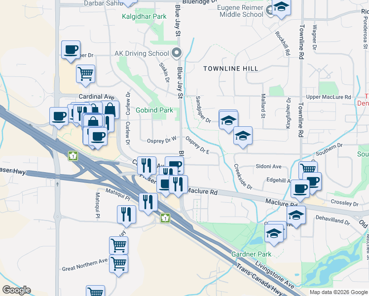 map of restaurants, bars, coffee shops, grocery stores, and more near 3034 Blue Jay Street in Abbotsford